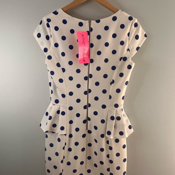 Betsy Johnson women’s white Peplum dress with royal polka dots, size 6. NWT - Picture 7 of 11